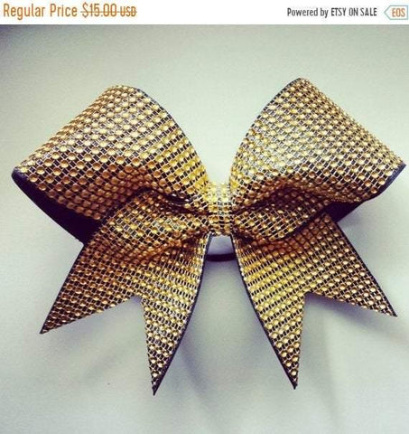 Gold Rhinestones and Black Ribbon Cheer Bow