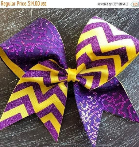 Sequin Cheer bow in Purple and Yellow Chevron