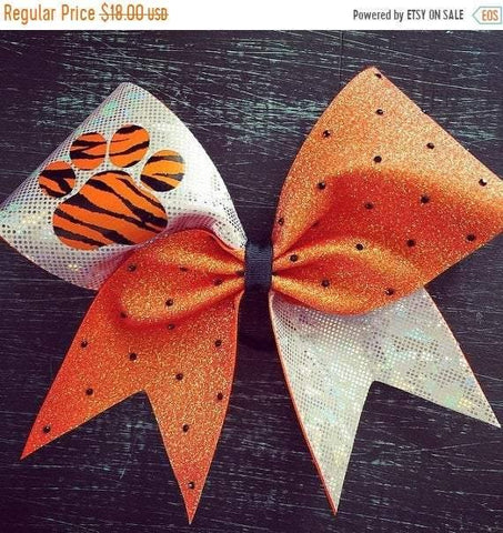 Holo Orange Glitter and White(silver) Sparkly Fabric with Paw and Black Rhinestones