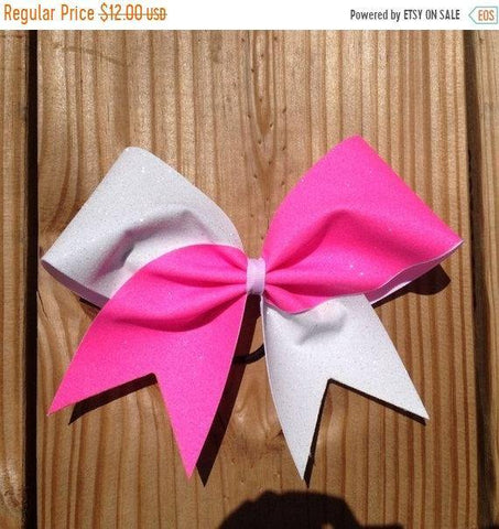 Hazel Cheer Bow in Neon Pink and White Glitter