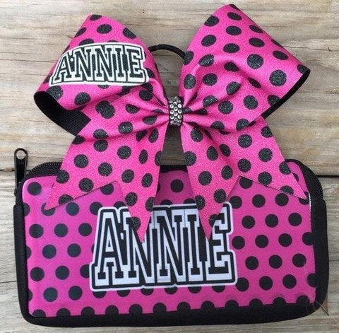 Set of makeup bag/ pencil pouch and a bow with your name.