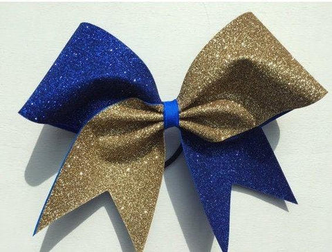 Hazel Cheer Bow in Old Gold and Royal Blue Glitter