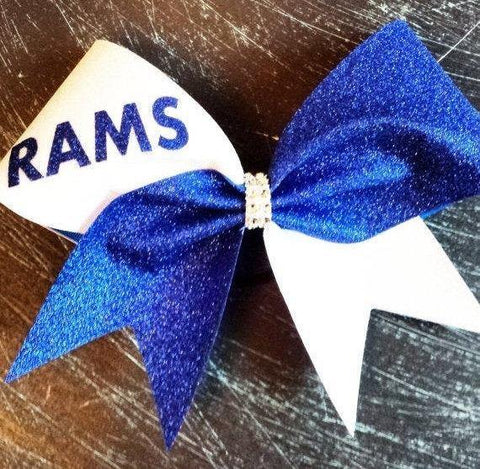 Hanna Cheer Bow in White and Royal Blue Glitter