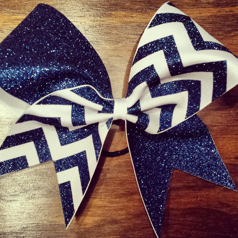Charlotte Cheer Bow in Sapphire Glitter and White Ribbon Chevron