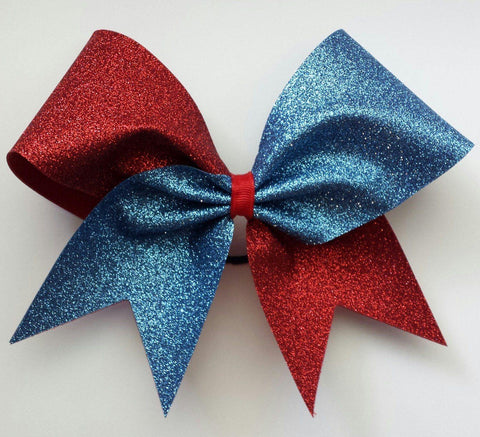 Hazel Cheer Bow in Red and Old Blue Glitter