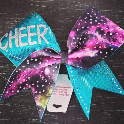 Galaxy and Teal Cheer Bow with Rhinestones