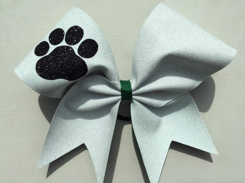 Adelina White Glitter Cheer Bow with Black Paw and Dark Green Ribbon