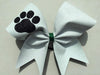 Adelina White Glitter Cheer Bow with Black Paw and Dark Green Ribbon