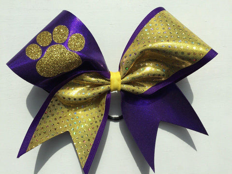 Purple and Gold Holographic Fabric Glitter Paw Cheer Bow
