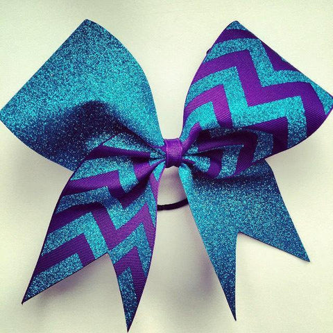 Charlotte Cheer Bow in Aqua Glitter and Purple Ribbon Chevron