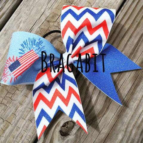 Glitter Red, White and Blue Chevron With American Flag and Fireworks Bow