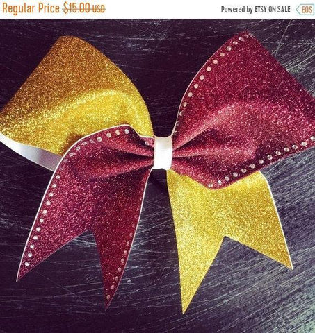 Heather Glitter Cheer Bow in Maroon and Gold Glitter with Rhinestones