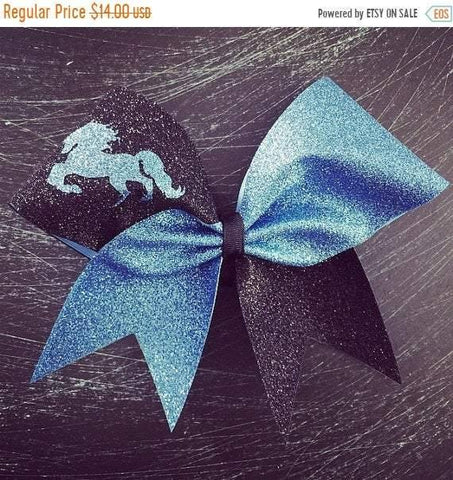 Adelina Cheer Bow in Columbia Blue and Black with a Horse