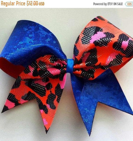 Blue Shattered Glass and Orange Cheetah Print Cheer Bow