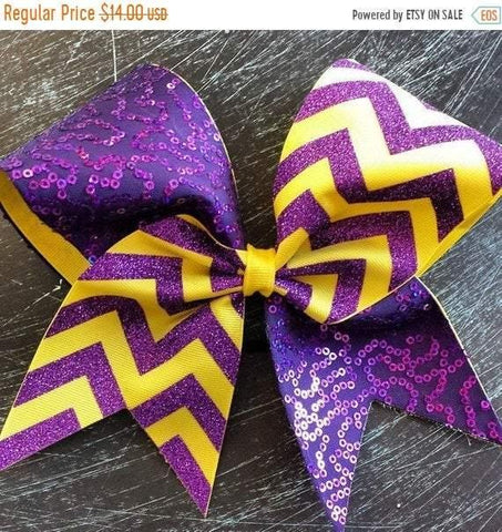 Sequin Cheer bow in Purple and Yellow Chevron 