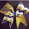 Kailani Cheer Bow in Gold, White and Royal Blue with a Mascot