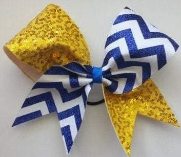 Sequin Cheer Bow in Yellow Fabric, Royal Blue Glitter and White Ribbon Chevron