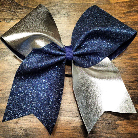 Navy Glitter and Silver Cheer Bow