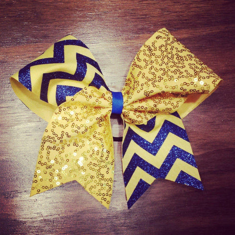 Sequin Cheer bow in Yellow Fabric, Royal Blue Glitter and Yellow Ribbon Chevron