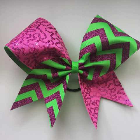 Sequin Cheer bow in Pink and Neon Green Chevron 