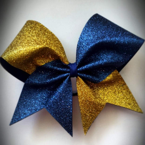 Hazel Cheer Bow in Gold and Sapphire Glitter 