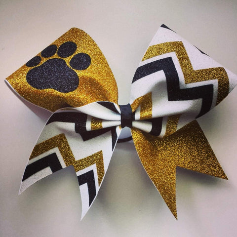 Kailani Cheer Bow in Gold, White and Black with a Mascot