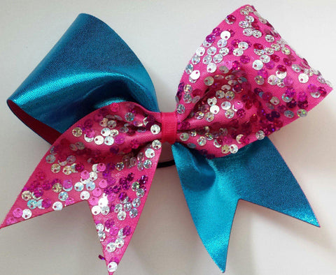 Big Pink Sequin and Turquoise Cheer Bow
