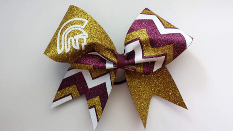 Kailani Cheer Bow in Maroon, White and Gold with a Mascot