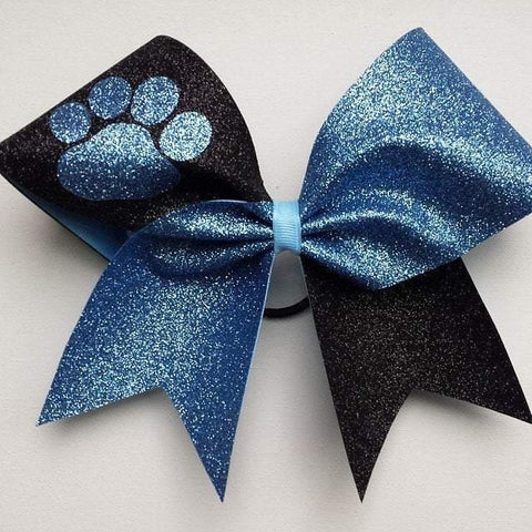 Adelina Cheer Bow in Black and Old Blue Glitter with a Paw