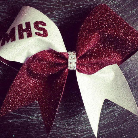 Hanna Cheer Bow in White and Maroon Glitter