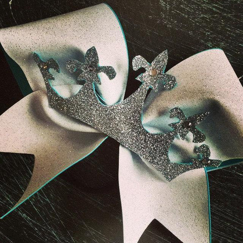 Adora White Glitter Cheer Bow with Silver Crown and Rhinestones