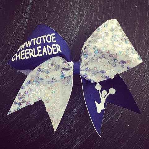 Navy Blue, White and Silver Bow to Toe Cheerleader Cheer Bow