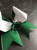 Adelina White Glitter Cheer Bow with Black Paw and Dark Green Ribbon