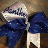 Panthers Cheer Bow in Royal Blue and White Shattered Glass Fabric with Rhinestones