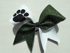 Hanna Cheer Bow in White and Dark Green Glitter with Black Glitter Paw