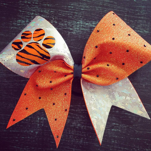 Adelina White Glitter Cheer Bow with Black Paw and Dark Green