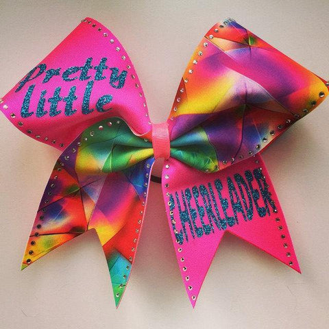 Multicolor "Pretty Little Cheerleader " Cheer Bow with Turquoise Glitter and Rhinestones