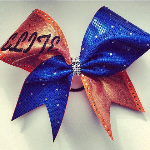 Orange and Holographic Royal Blue Fabric With Rhinestones Cheer Bow