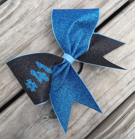 Adelina Glitter Bow in Black and Old Blue Glitter with Your Number or Name
